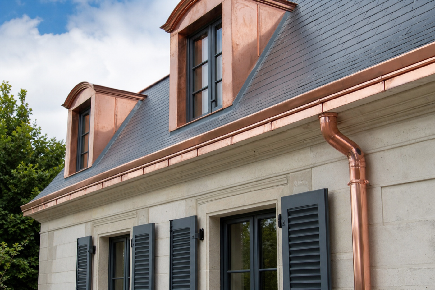 Installation de gouttières zinc sur maison individuelle