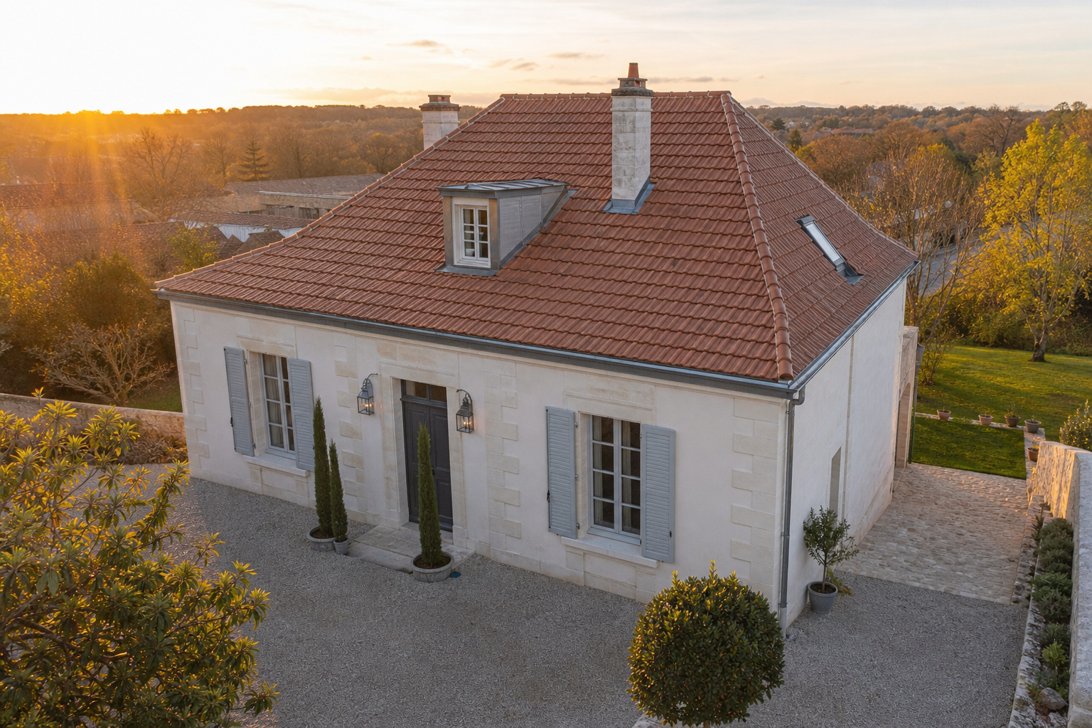 Vue aérienne d'une toiture rénovée terminée