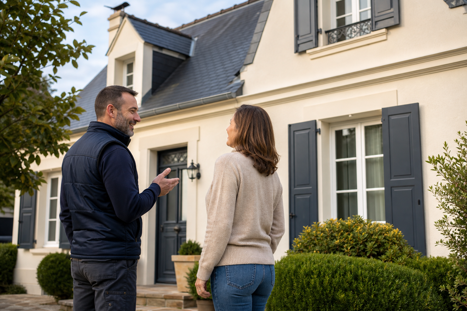 Artisan couvreur conseillant un client sur un chantier de toiture