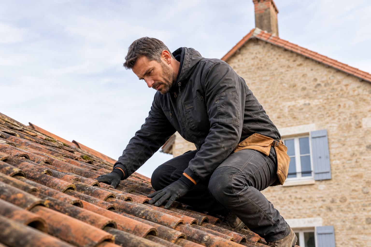 Artisan couvreur inspectant des tuiles sur une maison en pierre