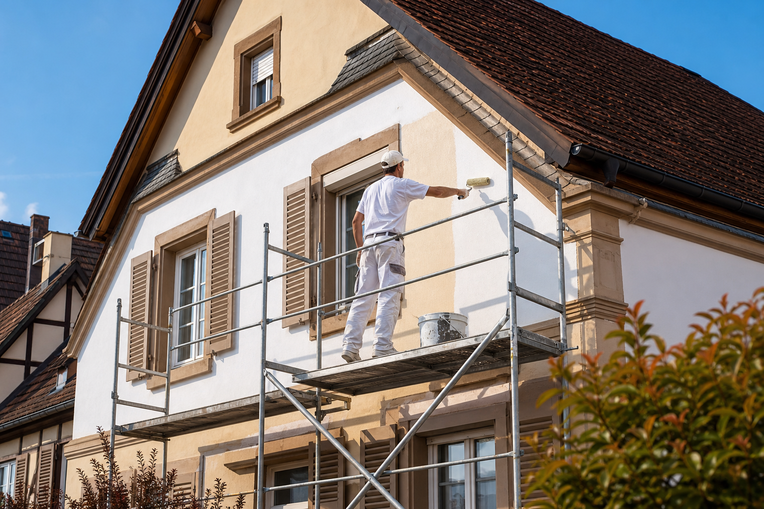 Couvreur travaillant sur un chantier de rénovation de toiture sécurisé