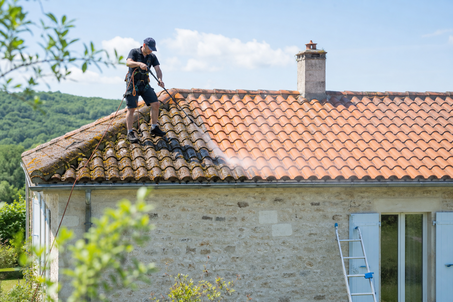 Nettoyage et démoussage de toiture en tuiles