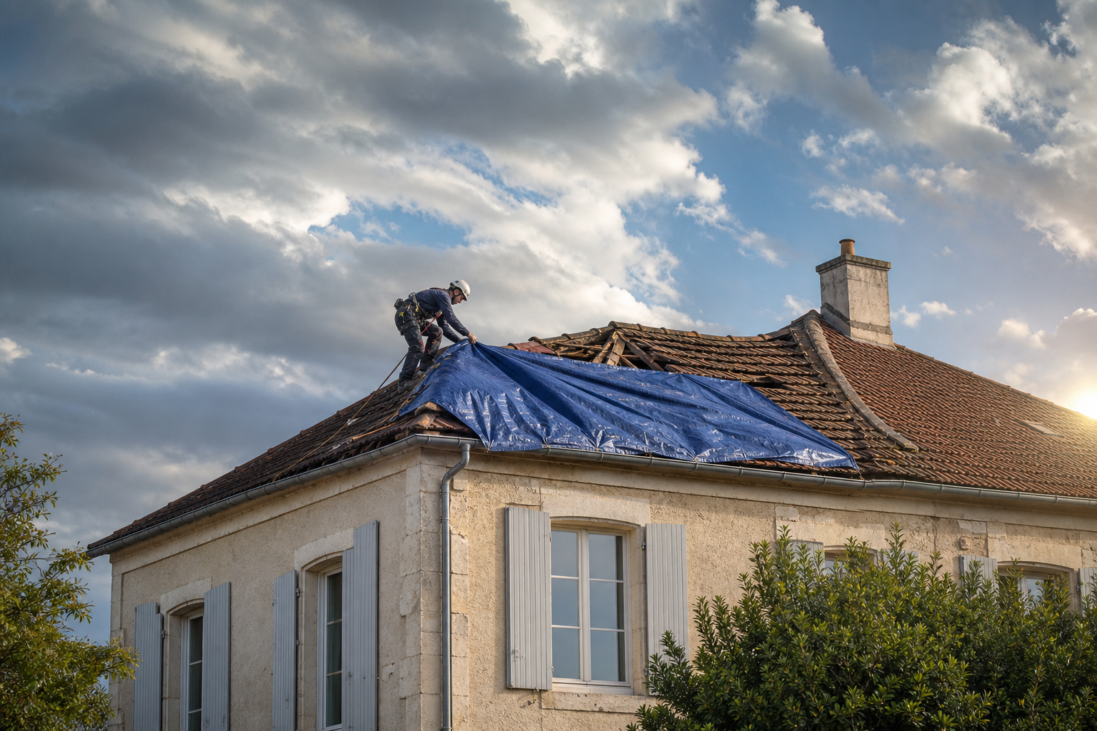 Bâchage d'urgence sur toiture endommagée après intempéries