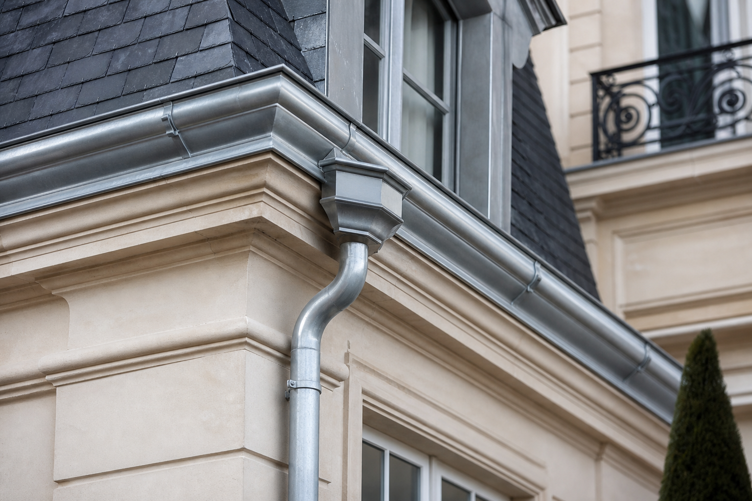 Zinguerie et gouttières sur façade élégante